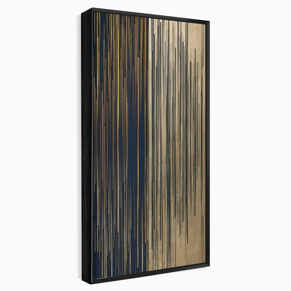 Tablou canvas cu tablou abstract cu linii verticale aurii, in rama de aluminiu negru